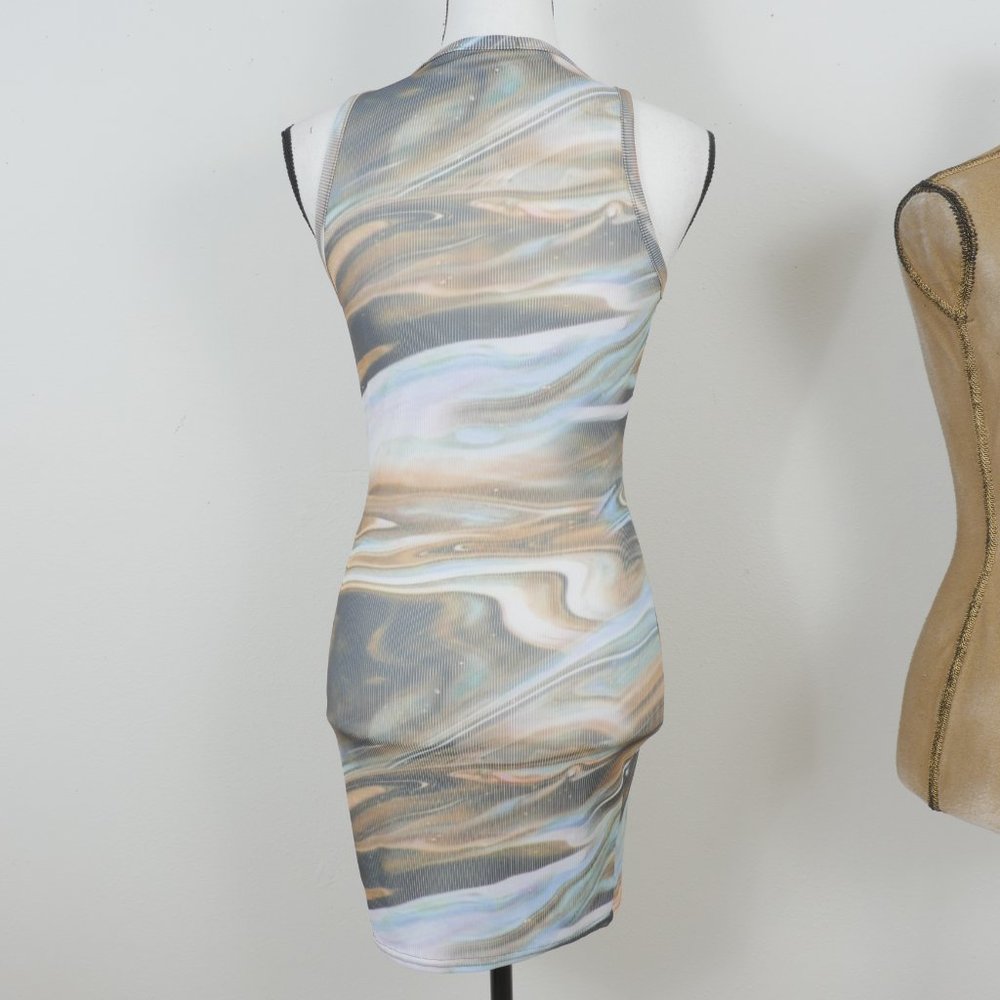 Pretty Little Thing Blue Brown Green Marble Design Size 4 Sleeveless Mini Dress - Picture 9 of 11